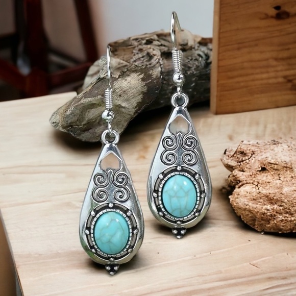 Boho Western Dangle Drop Earrings Native American Turquoise Vintage Silver Style - Picture 7 of 16